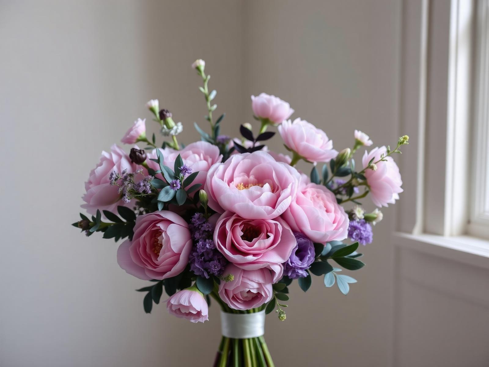 Bukett av pioner och ranunkler i mjuka rosa och lavendeltoner
